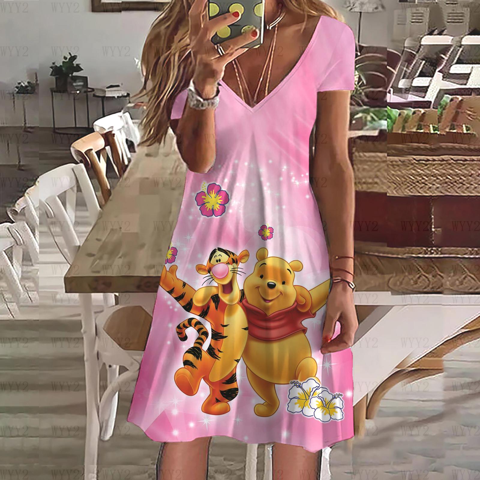 

Летнее женское платье с V-образным вырезом и коротким рукавом, повседневное, с принтом Disney Winnie the Pooh, женская простая пляжная ветреная одежда 8XL