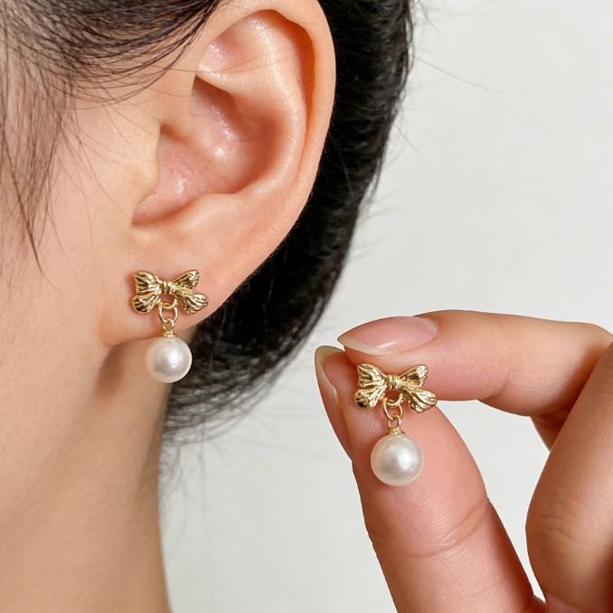 Delicate bow pearl pendant stud earrings temperament commuter earrings earrings