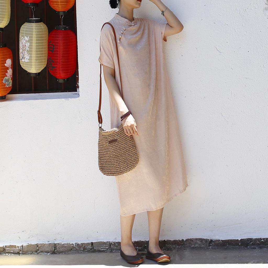 Johnature Vintage Stand Short Sleeve Dress For Women Solid Color Summer A-Line Chinese Style Female Dress