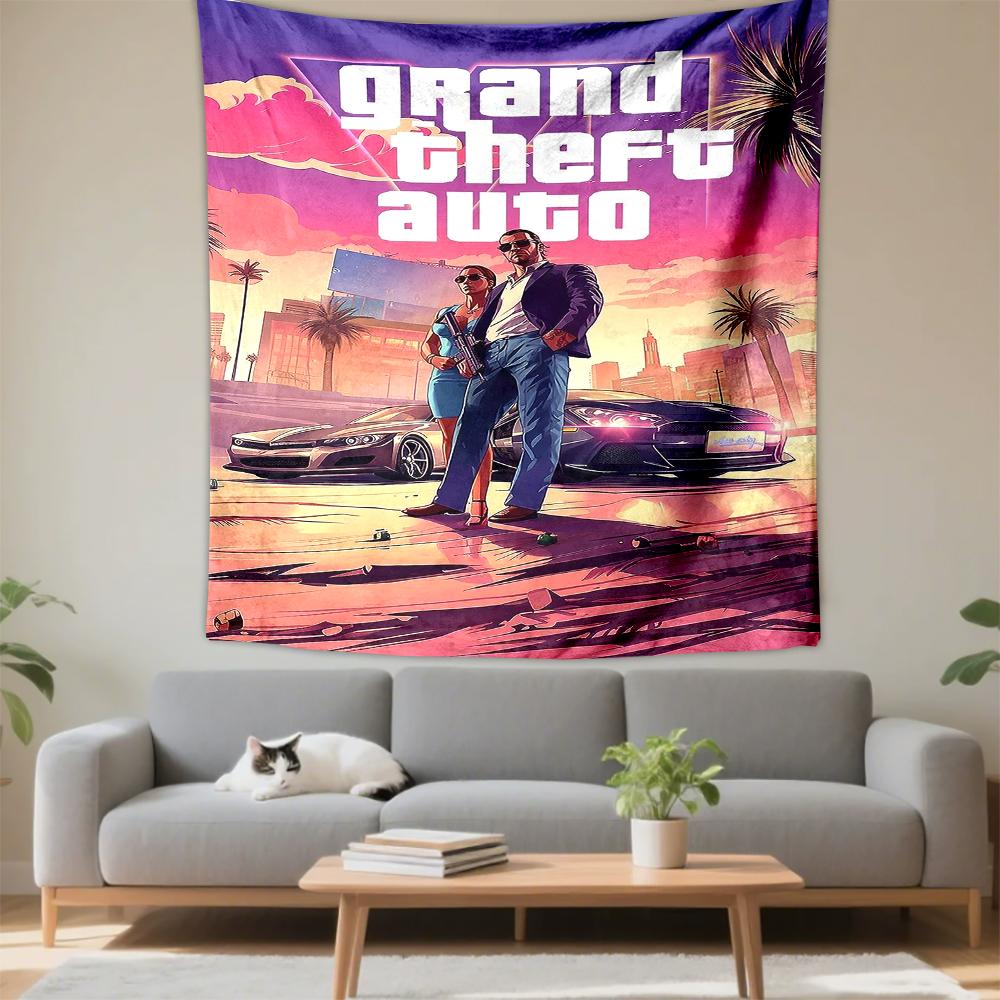 GTA Vice City Couple Guns Cars Purple Pink Gamers Decorative Wall Tapestry for Bohemian Home Wall