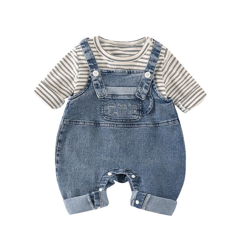 Spring 2026 Korean Style Boys' Striped Base Layer Denim Overalls Set