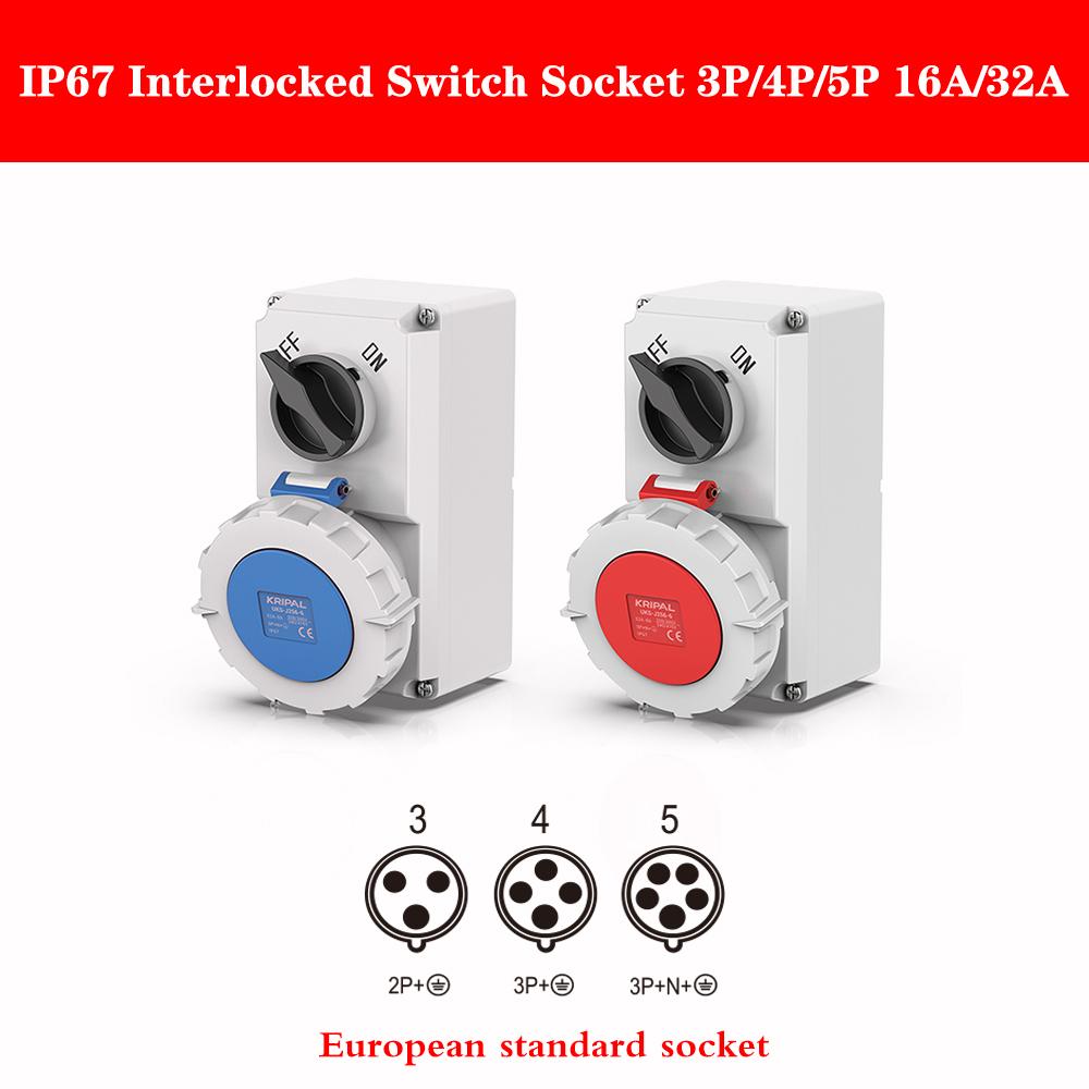 Waterproof CEE Socket 3Pin 32a Outlet Combination Switched Socket With Circuit Protection EV Charge Socket