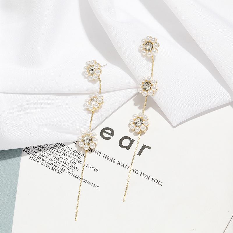 S925 Silver Flower Pearl Tassel Earrings for Women