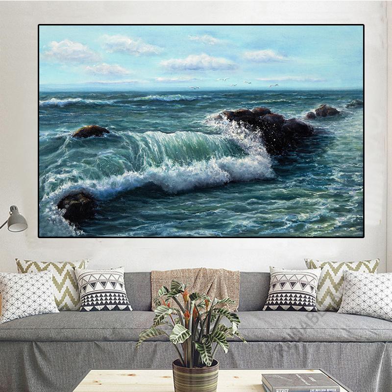 Obraz olejny Vintage Fale Morskie Wydrukowany na Płótnie Statek Zachód Słońca Pejzaż Plakaty i Druki do Dekoracji Salonu Cuadros