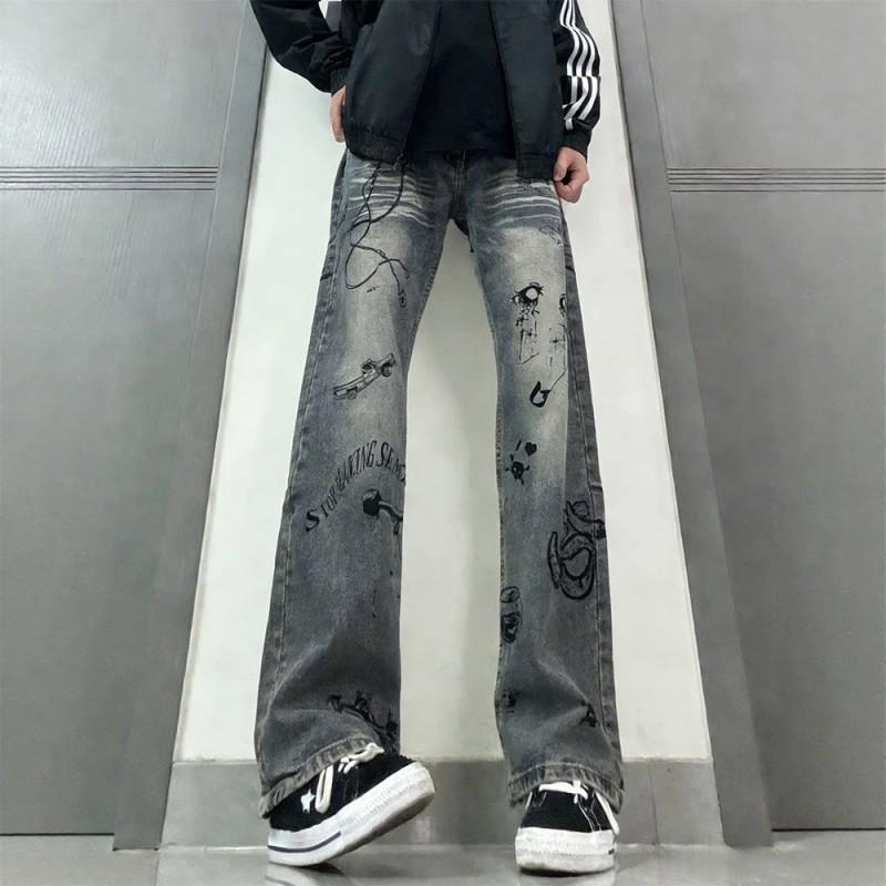 Mens Jeans Streetwear Vibes Slim Fit Loose Straight Leg Graffiti Fashion Denim Pants