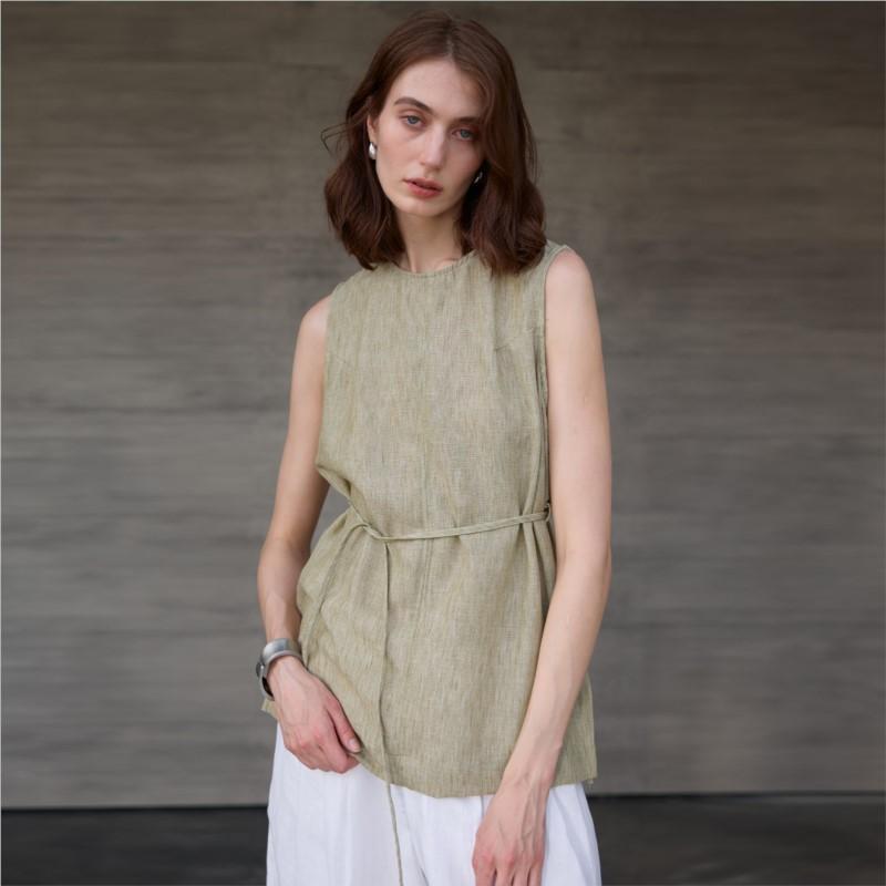 Johnature Round-neck Women Vest Camisole Summer Tie-loose Sleeveless Top Simple Sleeveless Tops