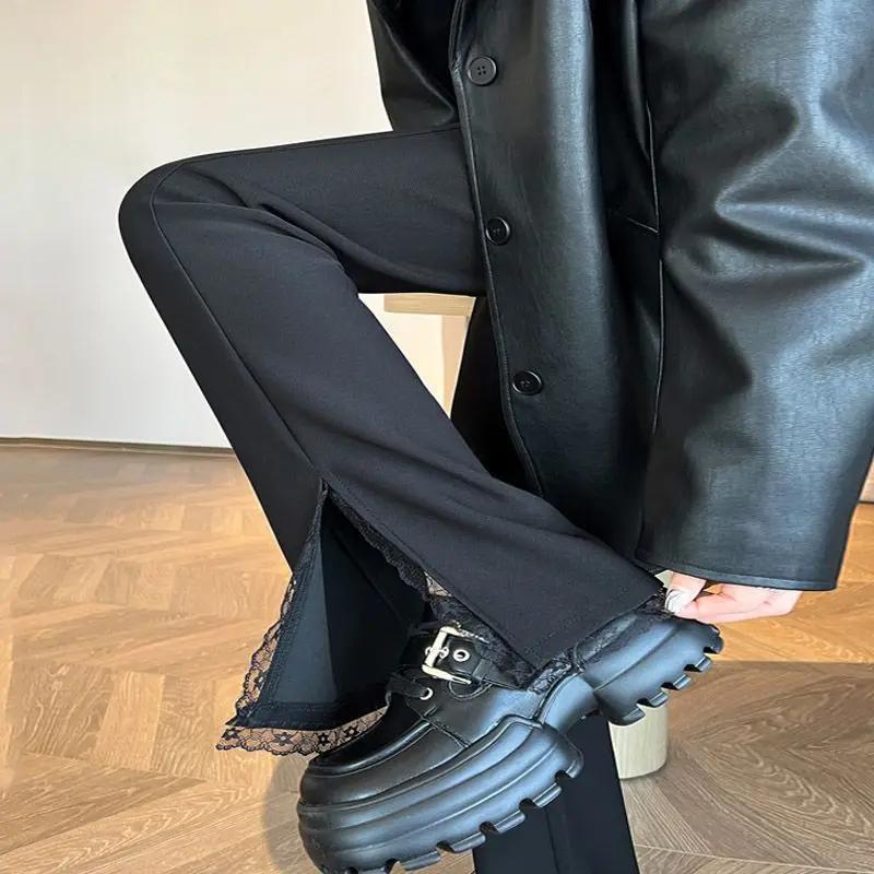 Nuovi Pantaloni Casual da Pavimento a Gamba Larga a Vita Alta Neri con Pizzo e Spacco Leggermente a Risvolto da Donna