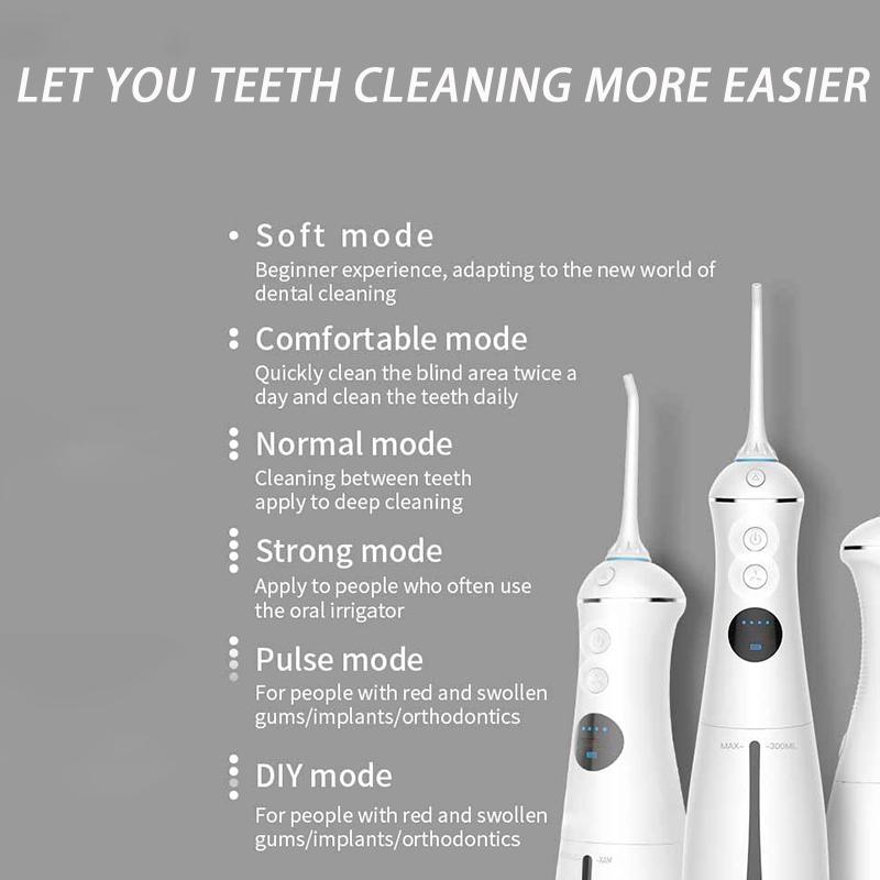6 režimů Přenosný ústní irigátor Inteligentní displej Výkonný dentální vodní paprsek Flosser Otevřená vodní nádrž Bělení zubů Čištění