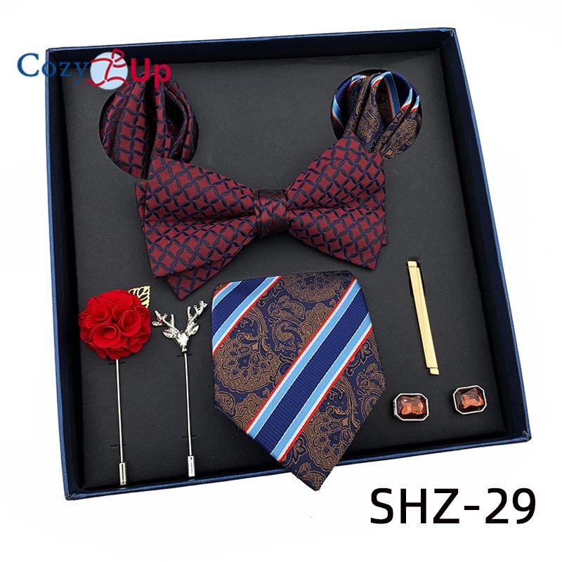 7 PCS Classic Men's  Tie Set Paisley Stripe Necktie for Men Pocket Square Bowtie  Brooch Cuff Father's Day Gift Box