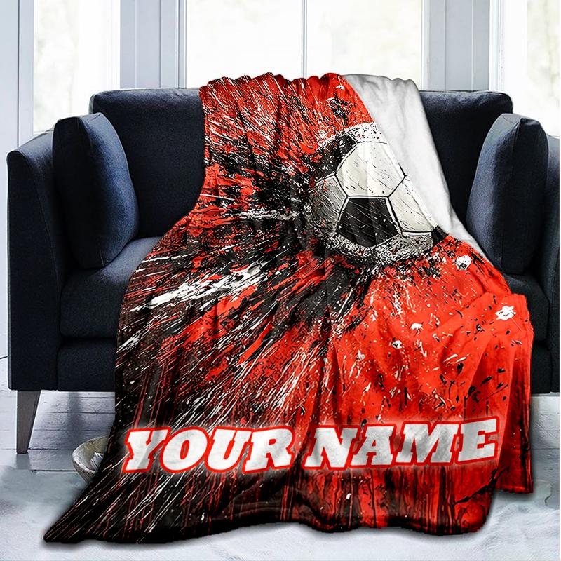 1PC Custom Name Soccer Art outdooor Flannel blankets Throw Blanket All-Season Throw Gift Bedspread for Couch, Bed, Camping Holiday Birthda