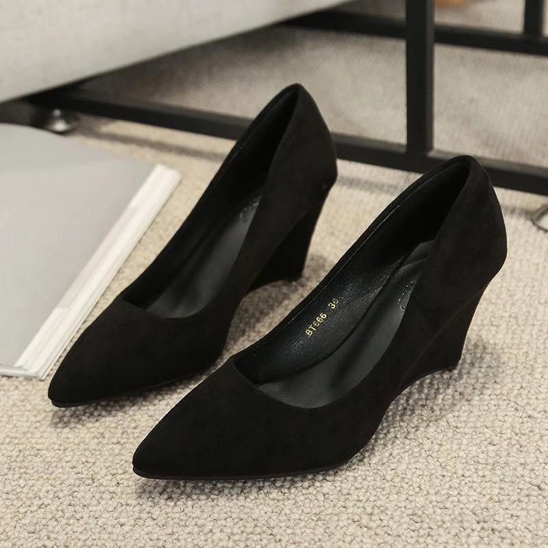 Wedge heel single shoes women's new high heels bow soft sole comfortable long standing not tired feet black work shoes summer