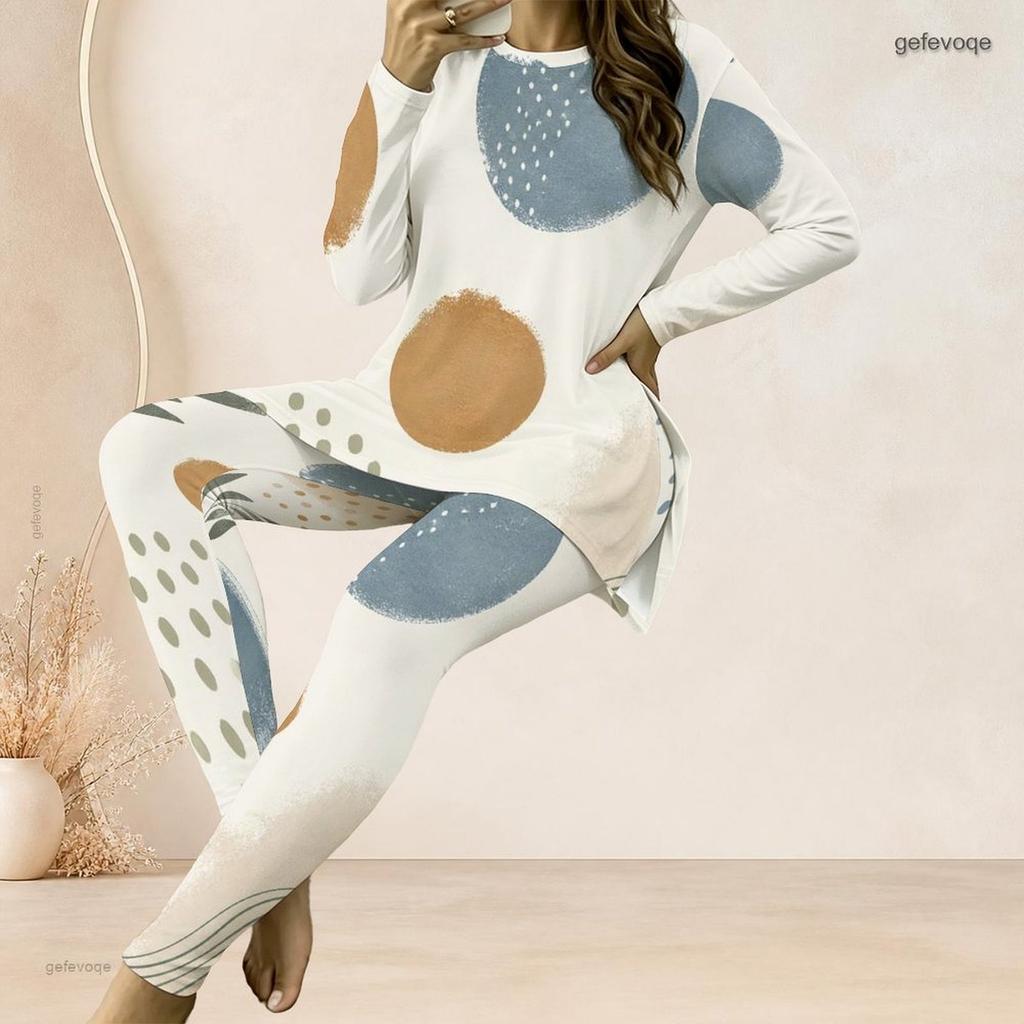 Women Plus Size Round Neck Long Sleeve Printed Longline Top And Fitted Pants Two Piece Set