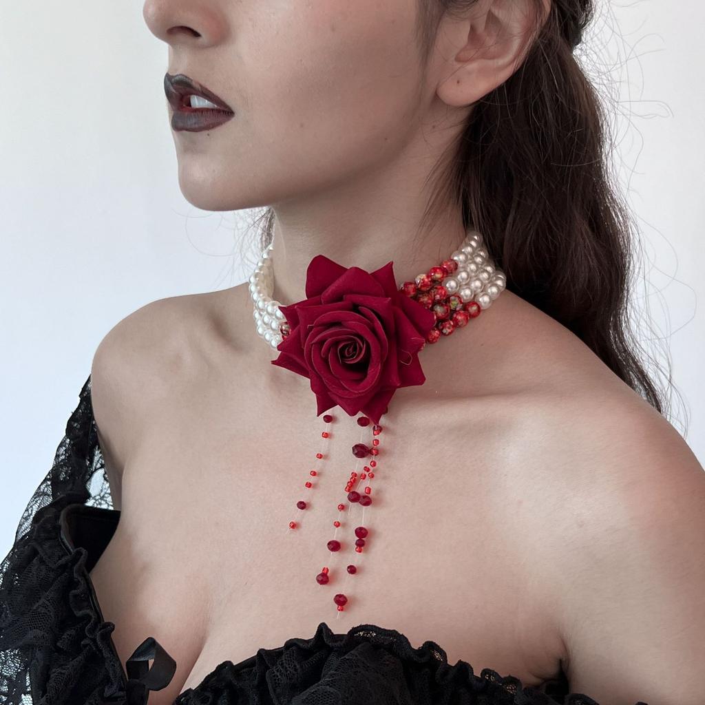 Halloween Dark Blood Pearl Beaded Necklace Female Creative Rose Flower Multi-Layer Fringed Neck Chain