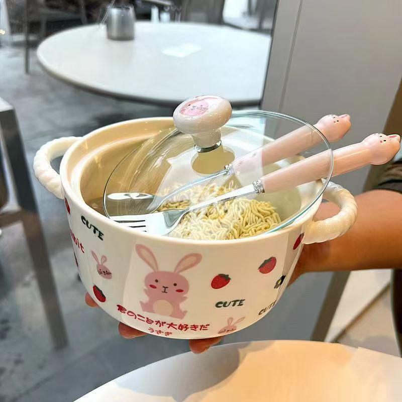 Korean Style Cute Heart Ceramic Noodle Bowl with Lid for Dorm or Bedroom Microwave Use