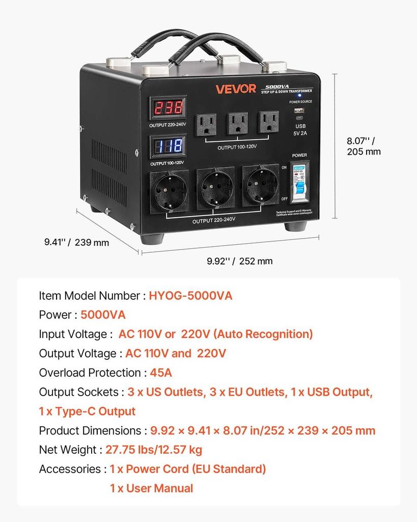 Transformador Convertidor de Voltaje Automático, 5000VA, Transformador de Potencia Elevador/Reductor de Servicio Pesado, 110V a 220V y 220V a 110V, con 3 Tomas de EE. UU., 3 Tomas de UE,