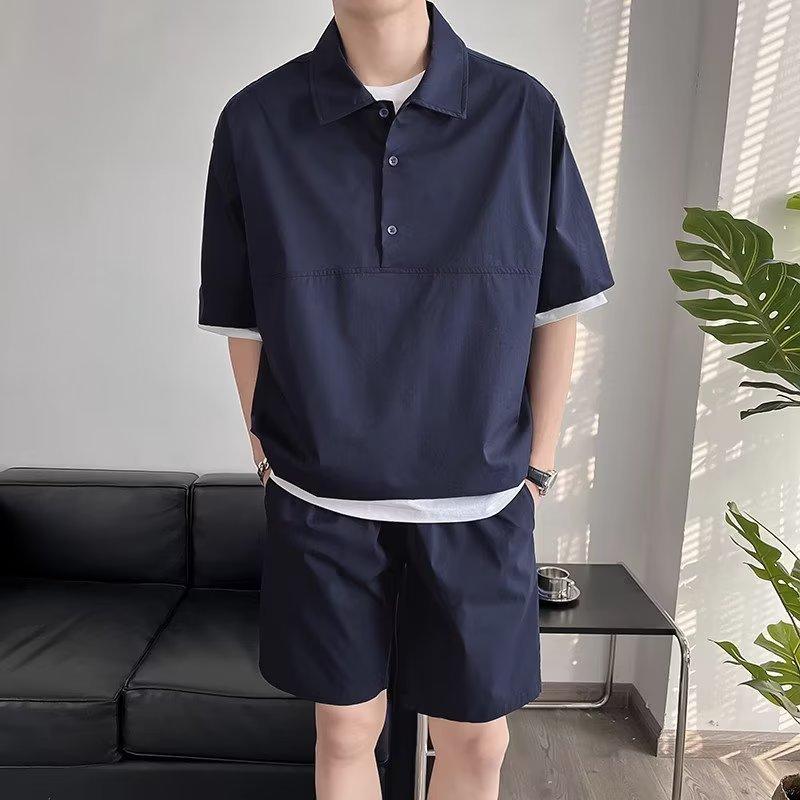 Men's Summer Minimalist Casual Sports Suit Student Short Sleeved Loose T-shirt+cropped Pants Daily Two-piece Set