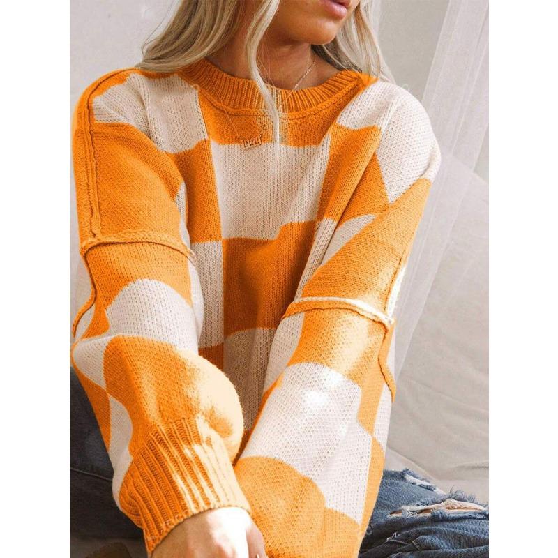 Koszula z długim rękawem w kratę, sweter z okrągłym dekoltem