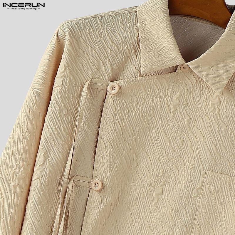 INCERUN Oversized Men Turn Down Collar Long Sleeve Side Cross Irregular Texture Shirts Tops
