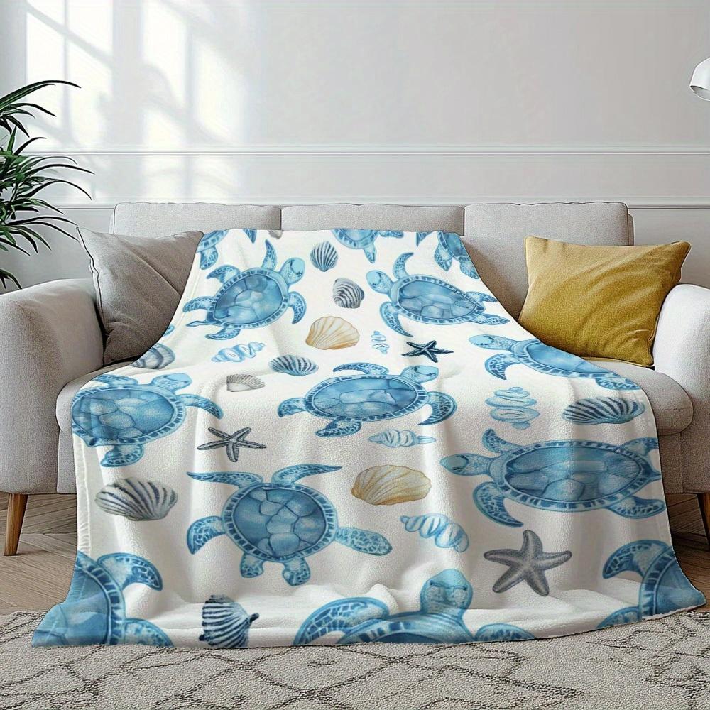 1Pc Coastal Watercolor Sea Turtle & Seashell Print Soft Fleece Blanket Beach Themed Home Decor Throw Blanket