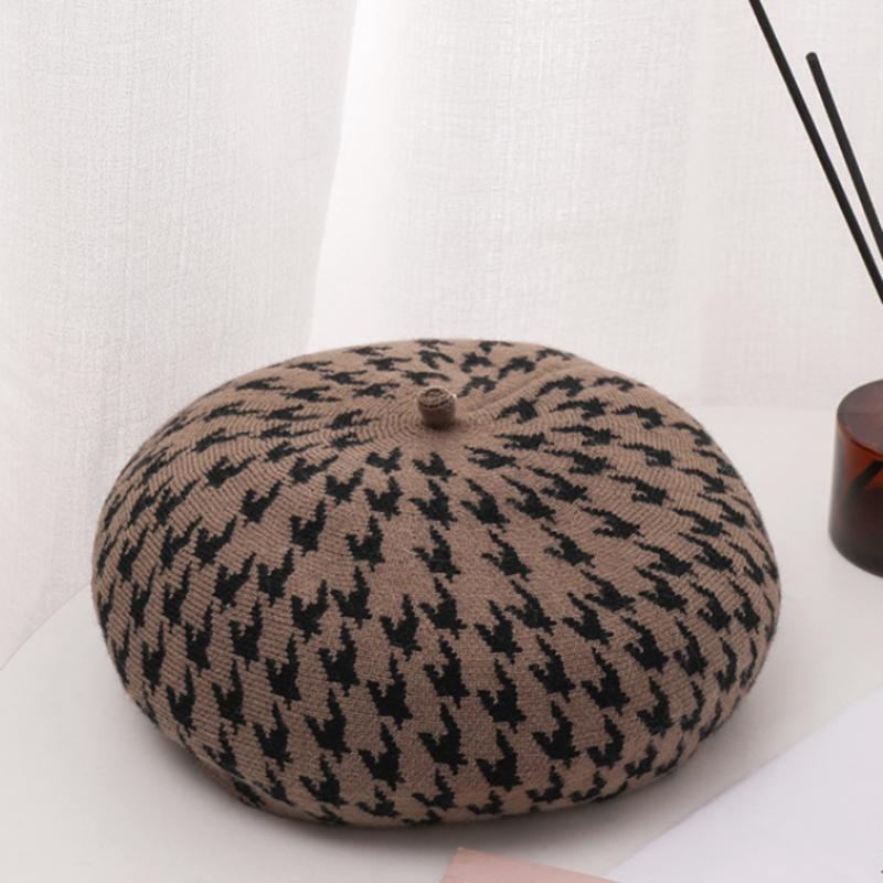 Women's Thousand Bird Plaid Beret Style Beanie Knit Hat Warm Keeping Fashion Artist Art Warm Hat Cap