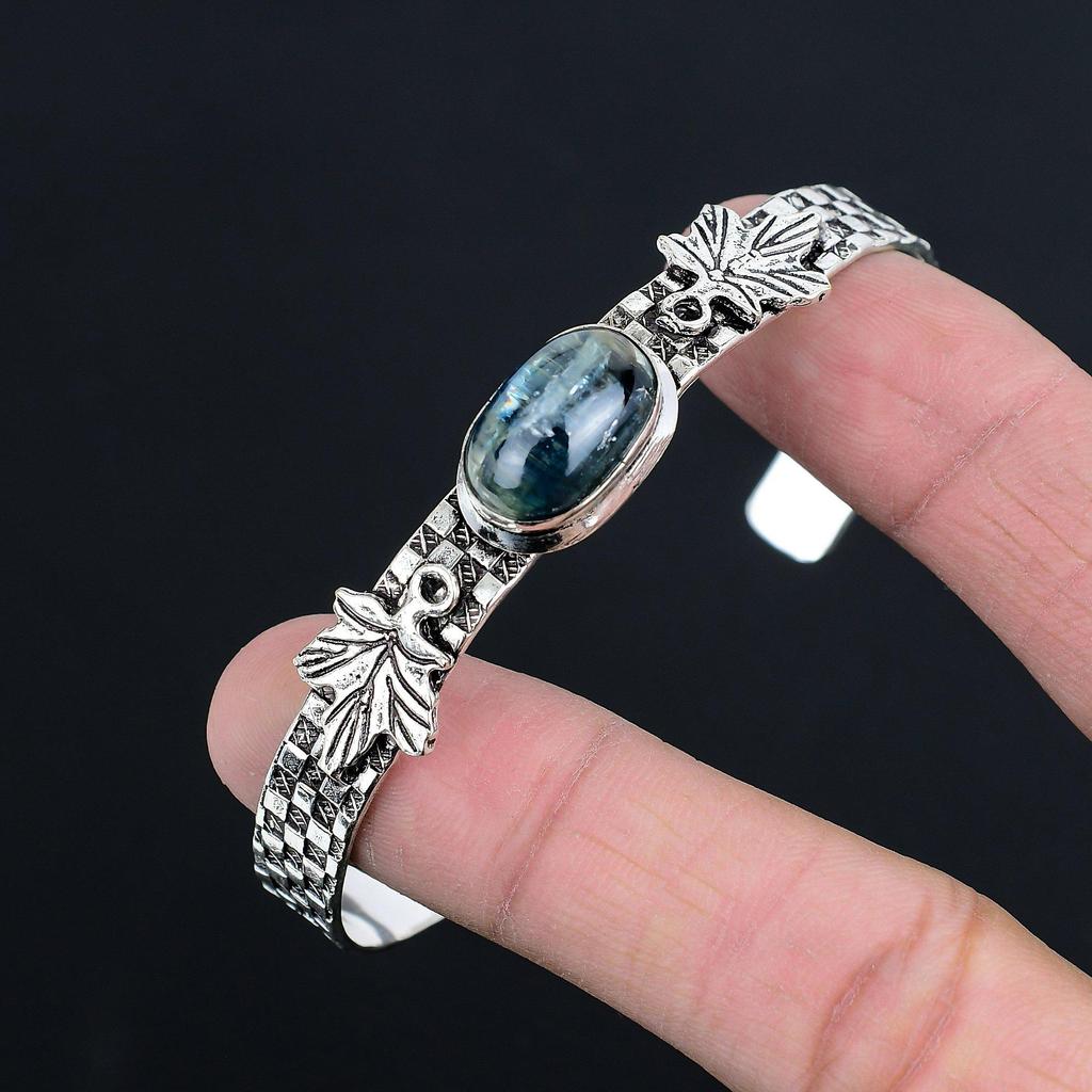 Halloween Sale Oval Kyanite Stone Boho Leaf Throat Chakra Bangle Sterling Silver