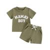 Baby Boy 2 Piece Waffle Outfits, Round Neck Short Sleeve Letter Embroidery Tops + Elastic Waist Shorts Toddler Mother's Boy Set