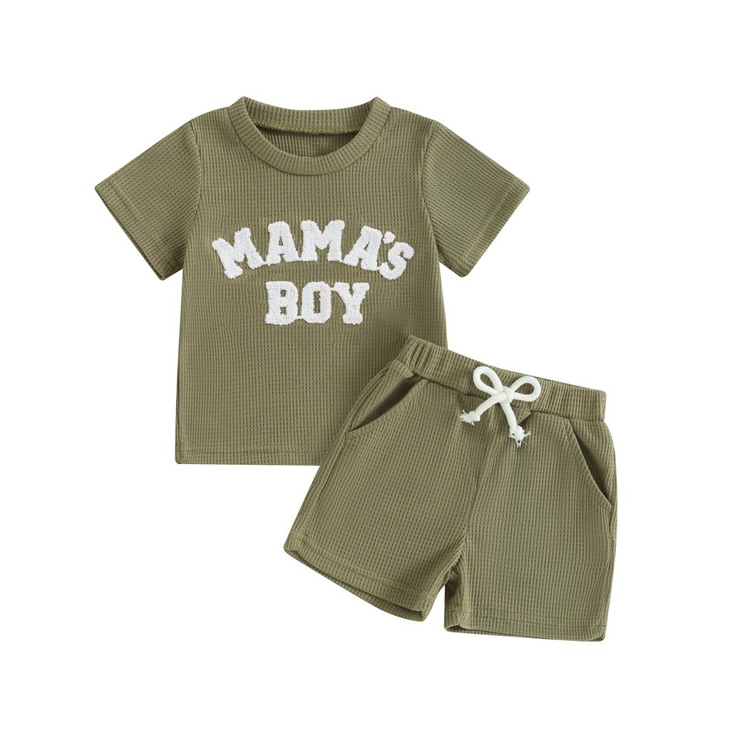 Baby Boy 2 Piece Waffle Outfits, Round Neck Short Sleeve Letter Embroidery Tops + Elastic Waist Shorts Toddler Mother's Boy Set