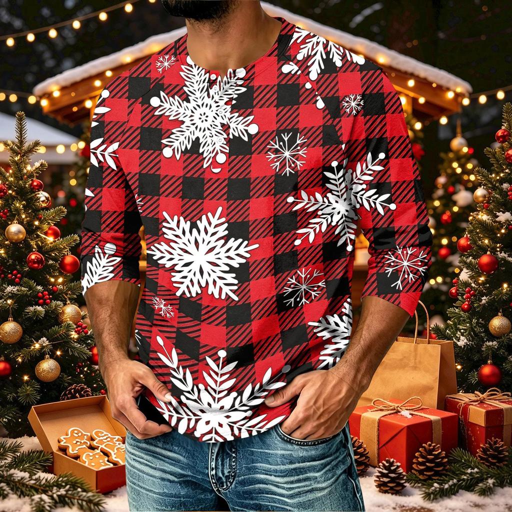 Men's Casual Raglan Three-Quarter Sleeve Shirt with Christmas Print