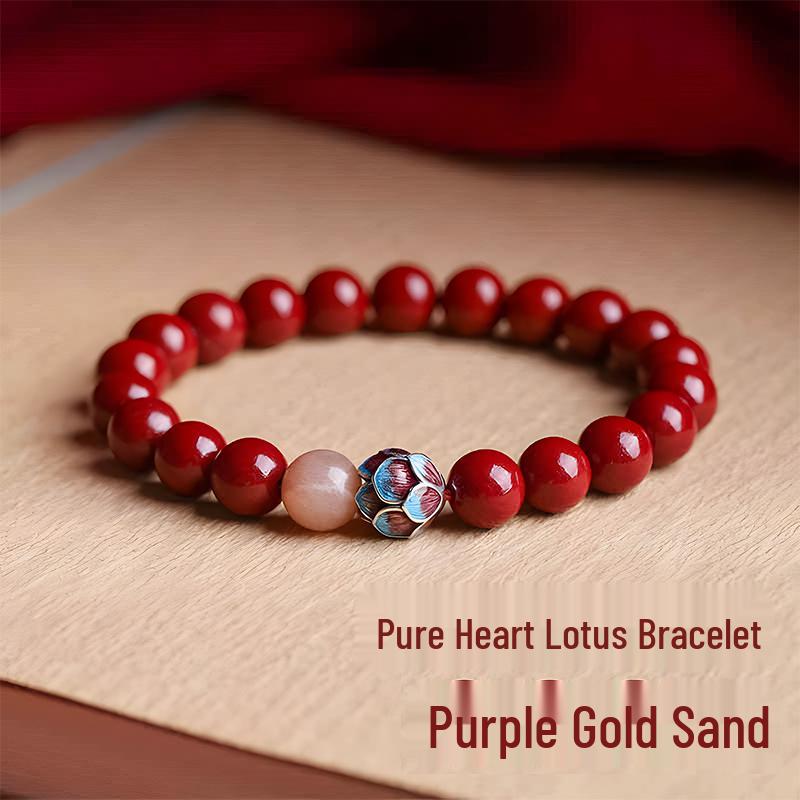 Přírodní surový rumělkový lotosový náramek na očištění mysli v fialových, zlatých a červených tónech