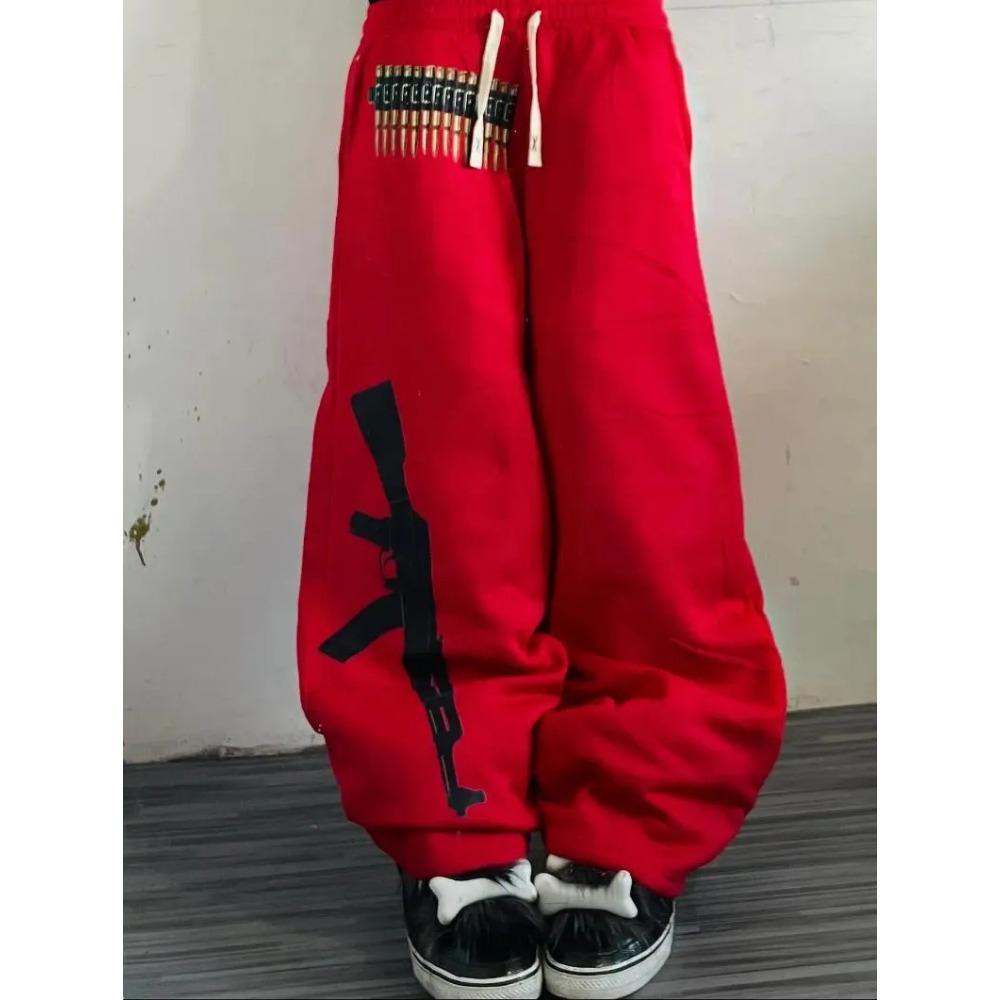Herrenhosen Gothic Hip-Hop Pistolenprint Modische Paare Lässige Lockere Hose mit Elastischem Bund Einfache Weite Hosen