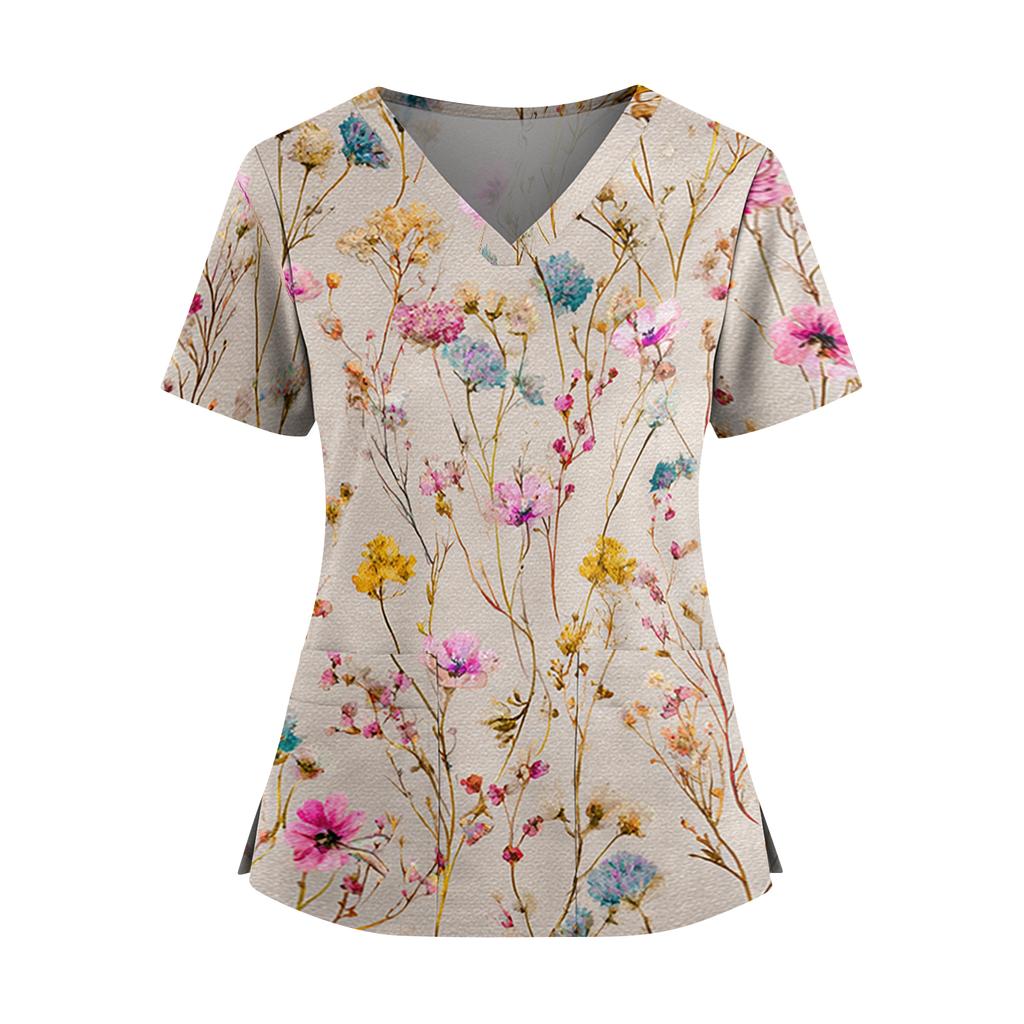 Women's floral print V-neck double pocket short-sleeved uniform/caregiver top with slits at the hem