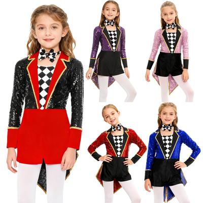 Unisex Kids Circus Magician Costume Long Sleeve Sequins Checkerboard Tailcoat Bodysuit Bow Tie Cosplay Outfit