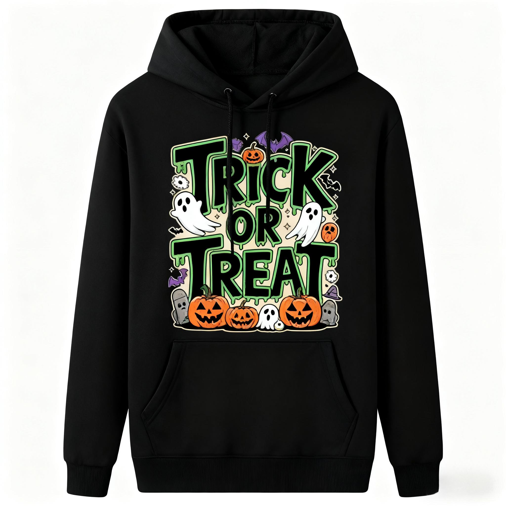 

Spooky Fun Top for Men Women Winter Vintage Trick or Treat Halloween Hoodie, Retro Pumpkin Ghost Print Sweatshirt 3XL