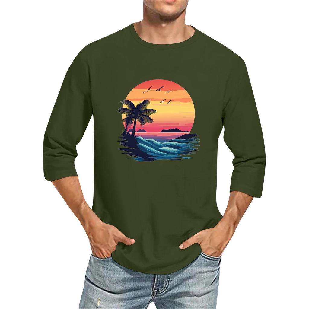 Camiseta de manga tres cuartos con cuello redondo y color liso para hombre