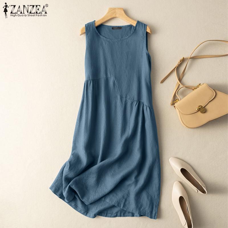 

ZANZEA повседневное свободное летнее хлопковое платье без рукавов с круглым вырезом