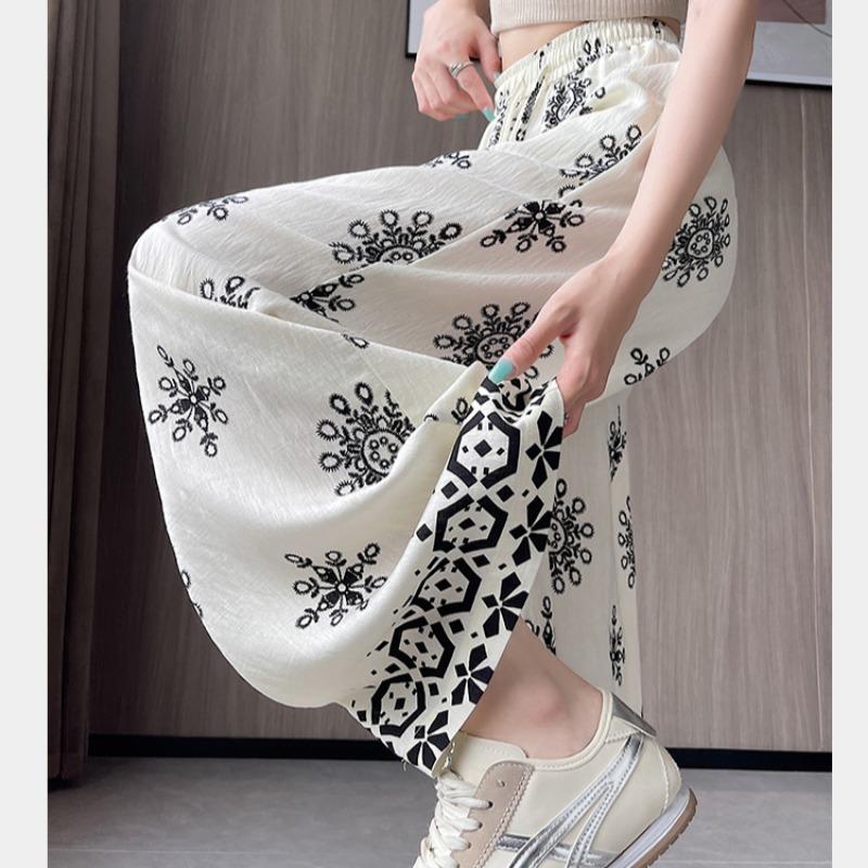 Summer Women Vintage Print Cotton And Linen Thin High Waist Wide Leg Pant Trouser For Girl
