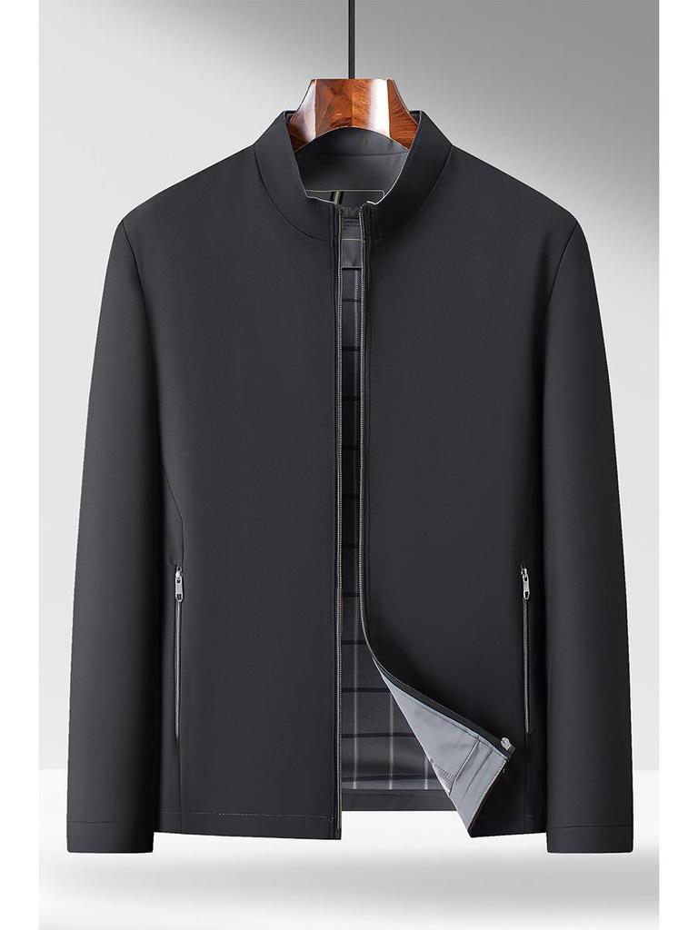 Men's Solid Color Stand Collar Zipper Jacket - Business Casual for Middle-aged and Elderly
