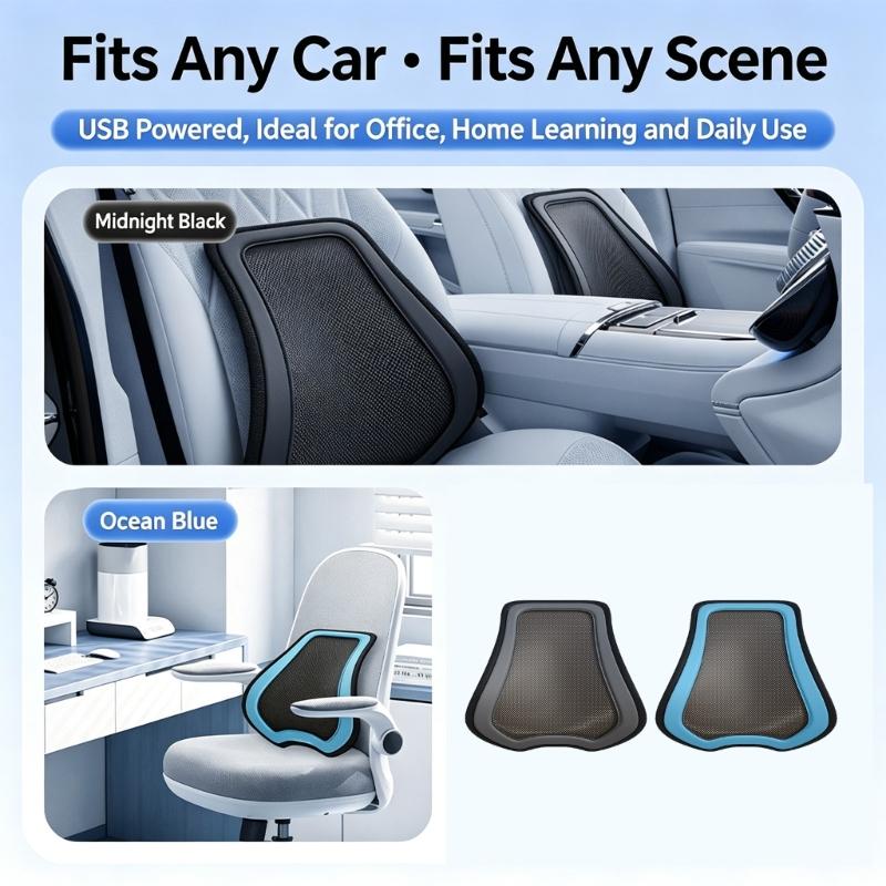 Mesh Car Lumbar Support Pad with Fan Function, Ergonomic Vehicle Seat Back Support Cushion for Daily Driving Comfort