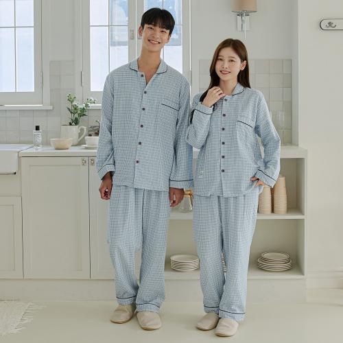 [JJINIYA] Retro Check 30-Count Couple Long Sleeve Pajama Set [Shipped from Korea] 100% Authentic