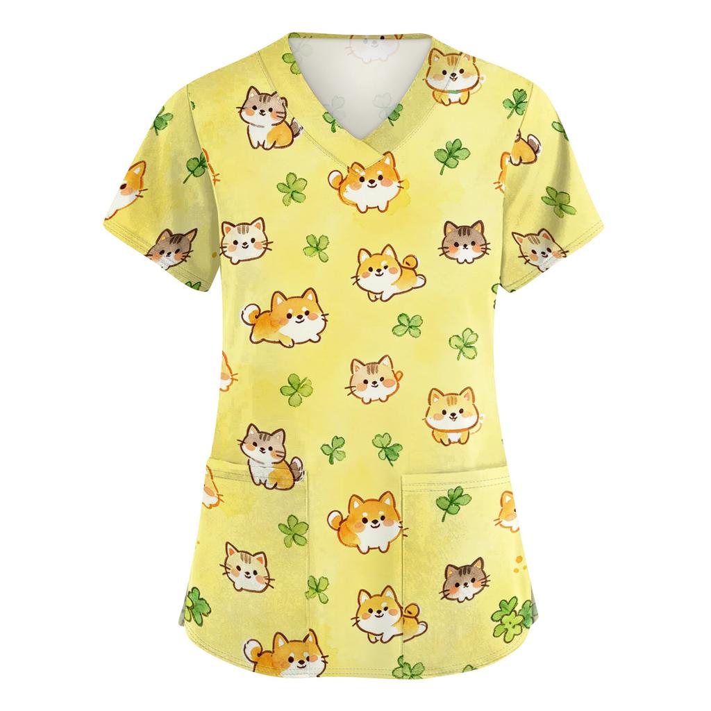 Damen V-Ausschnitt Kurzarm Arbeits-Top mit Taschen Tierprint Kasack für medizinisches Fachpersonal Bequeme Passform