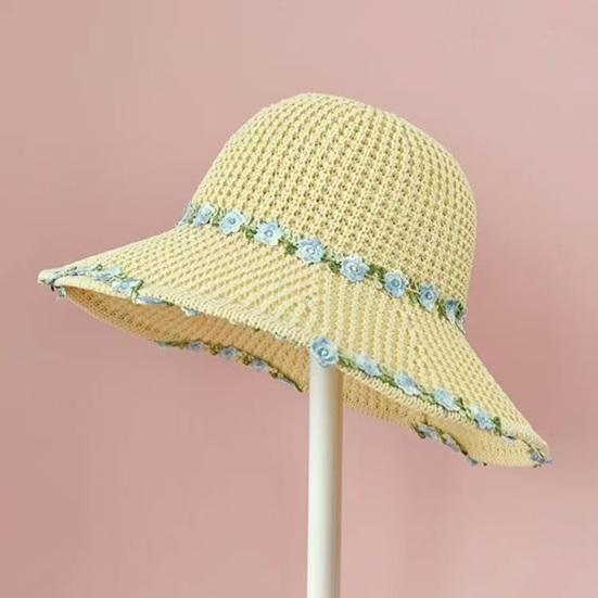Sun Hat Pastoral Style Hand-Woven Flower Pattern Wide Brim Bucket Hat Vacation Leisure Sun Protection Hat