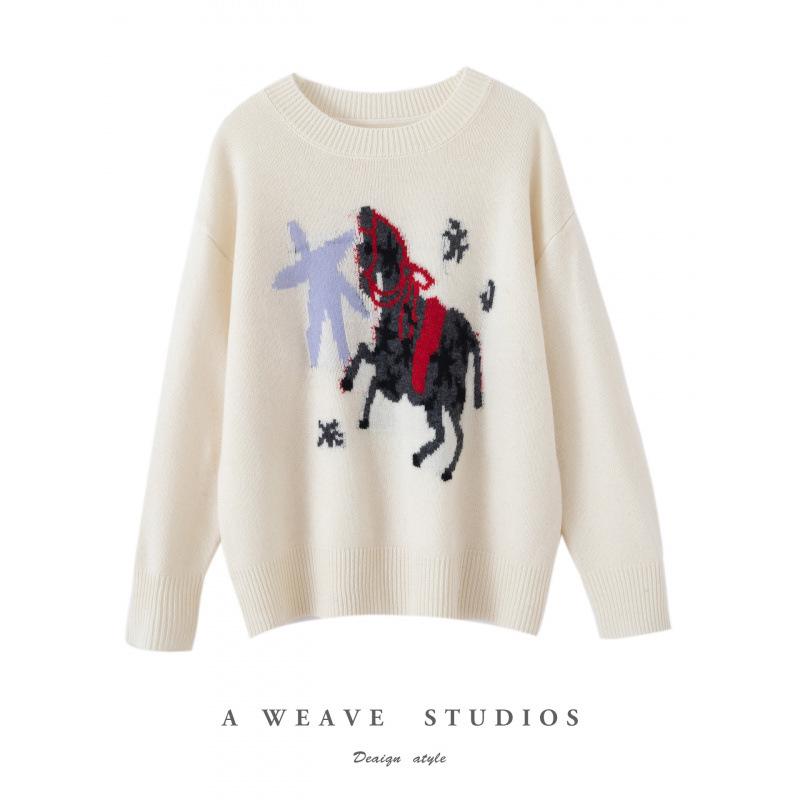 2025 Autumn/Winter Women's Pure Wool Round Neck Jacquard Horse Sweater