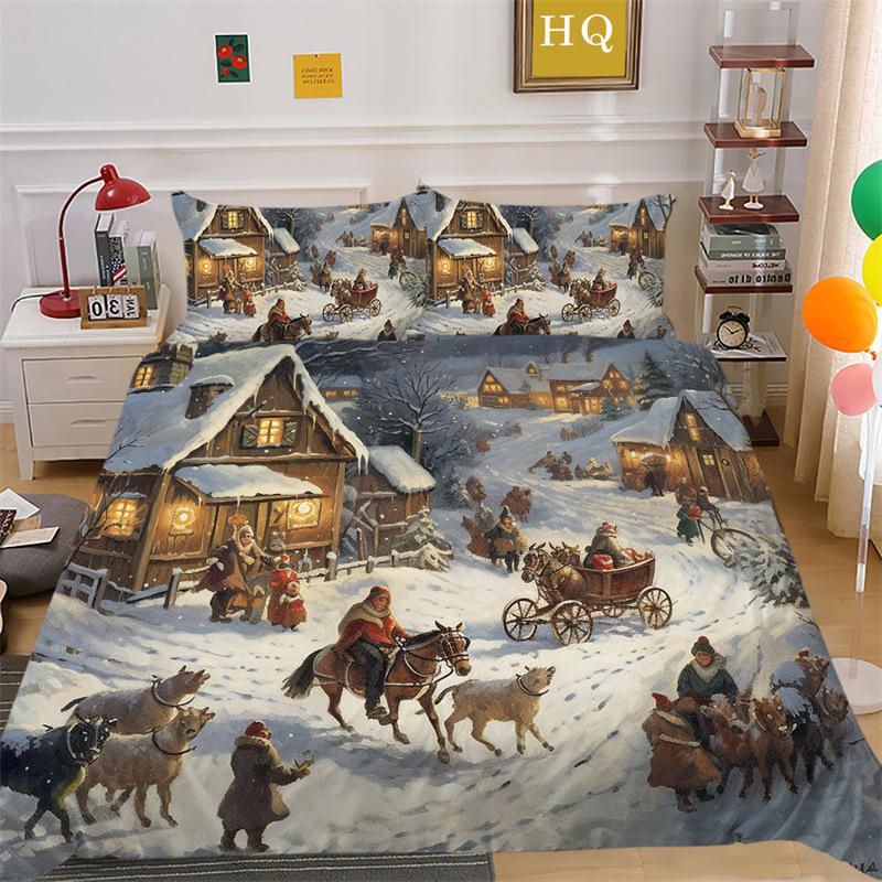Christmas Snow Scene 3D Printed Polyester Pillowcase Quilt Cover Two Or Three Piece Set