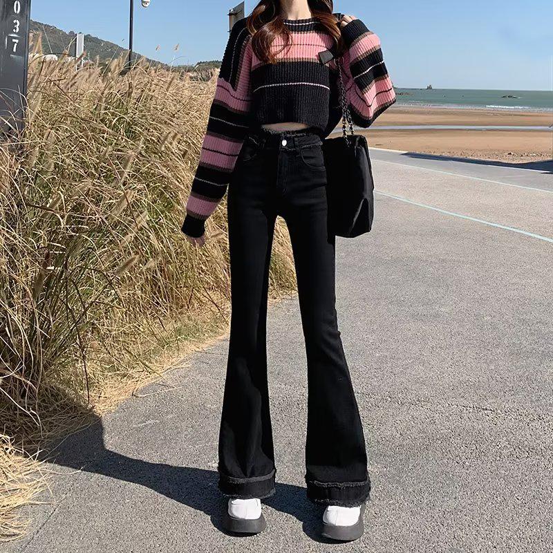 Women's High-Waisted Slimming Black Micro Flare Jeans with Raw Edge - Autumn 2024 Collection