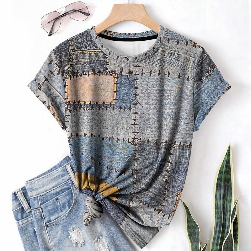 Letní dámské tričko s krátkým rukávem, kulatým výstřihem, patchworkovým džínovým vzorem a 3D potiskem