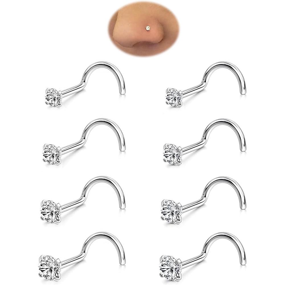 

8 Pcs/Lot CZ Zircon Nose Studs Gold Silver Stainless Steel Screw Nose Nails for Woman Girls Body Piercing Part Jewelry Gift 20G Nose Rings & Studs&Face серебряный