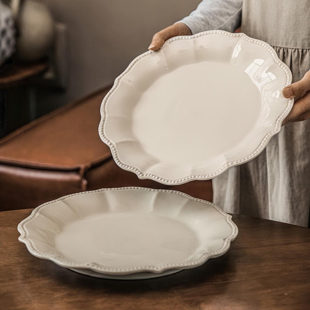 French Lace Relief Large Plate Light Luxury Ceramic Plate Plate Tableware Pasta Plate Household Large Vegetable Plate Plate