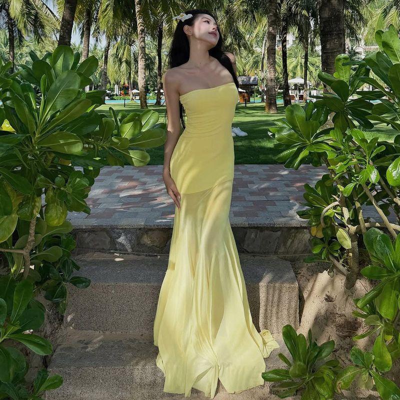 and American Style Foreign Trade Long Dress for Travel and Vacation Photoshoots, Sexy Off-Shoulder Strapless Waist-Cinching Mesh Mermaid Dress