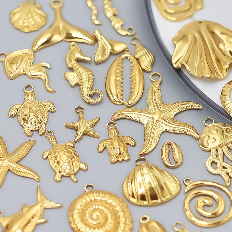 6pcs Real Gold Plated Ocean Animal Turtle Shell Conch Starfish Diy Charms For Jewelry Making Bulk Stainless Steel Charm Pendant