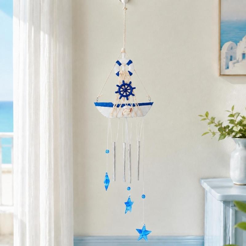 Coastal Wind Chimes with Blue and White Sailboats, Carving and Painted Detail, and Metal Tube, Star Pendants for Entryway Decors